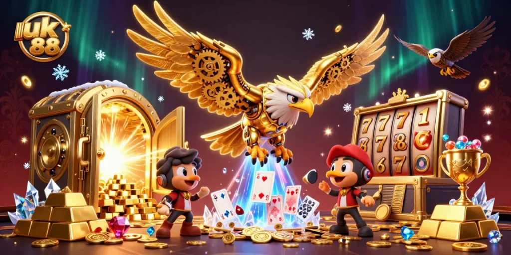 Experience the thrilling action of uk 88 with a golden eagle flying through holographic casino elements.