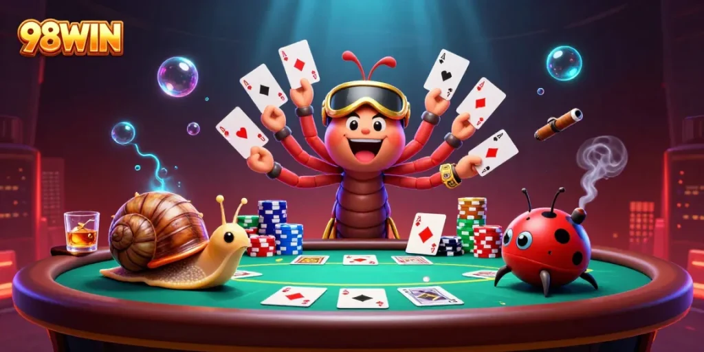 Experience the thrilling world of 98WIN with a vibrant casino scene featuring a millipede dealer.