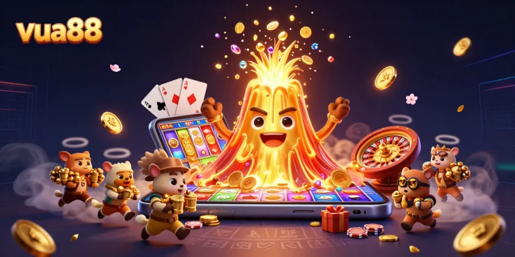 Experience the vibrant world of vua88, where a golden volcano erupts with casino treasures amidst thrilling gaming elements.
