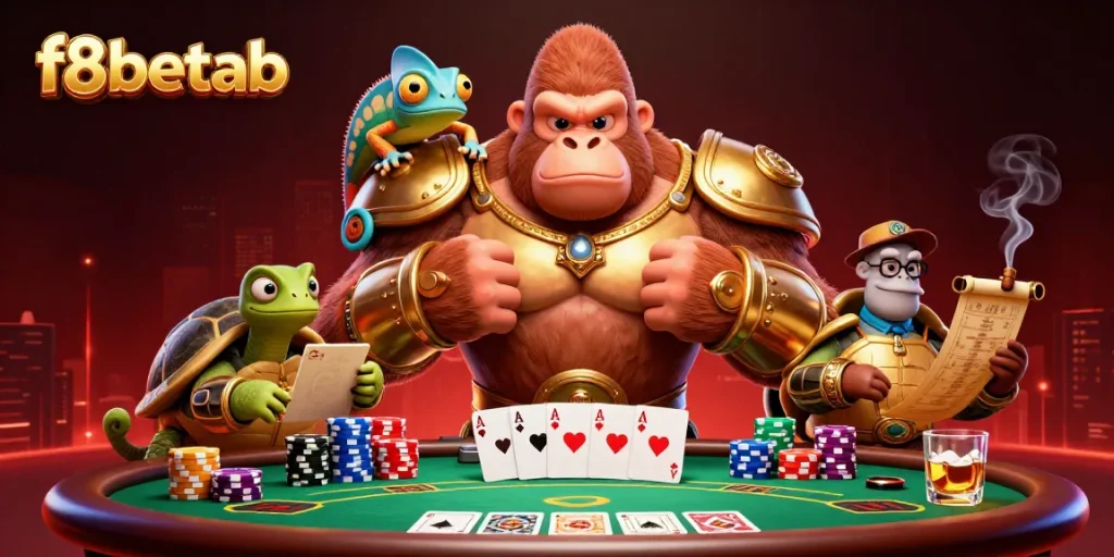 Experience intense poker action with f8betab's dynamic casino characters and vibrant game elements.