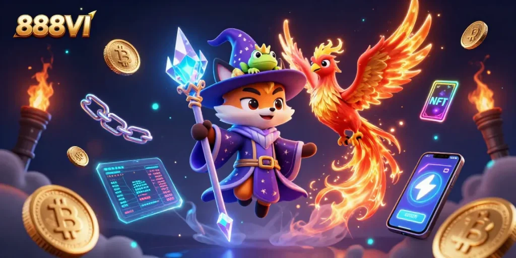Experience thrilling gaming adventures at 888VI, featuring a mystical wizard fox and phoenix.