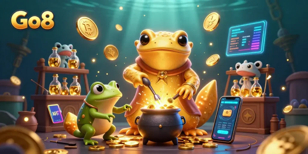Experience the thrill at Go8 with golden coins and a dynamic casino scene filled with excitement.