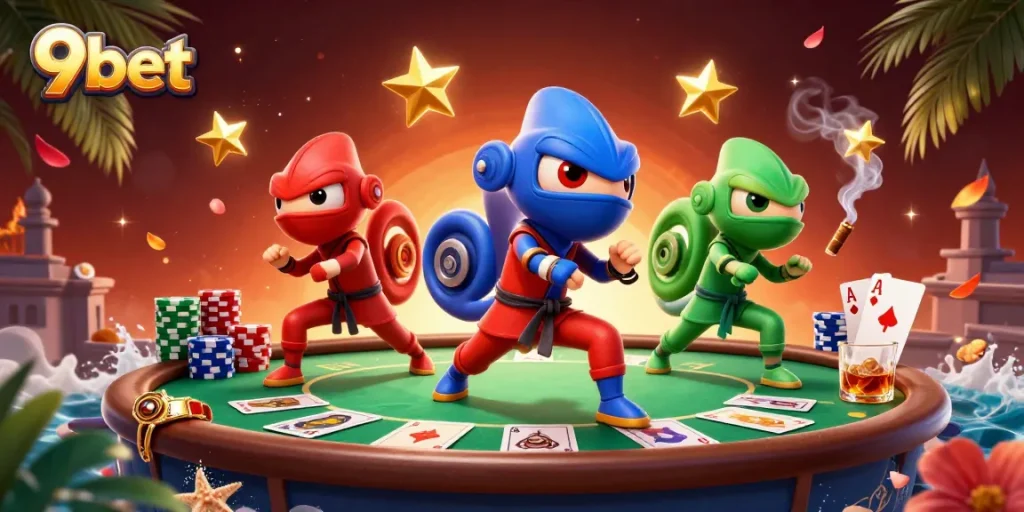 9bet chameleon ninjas engage in epic poker action amidst vibrant casino atmosphere.